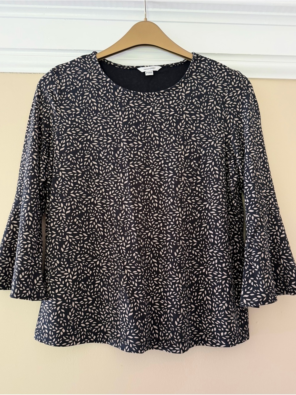 sweetGREY Black Blouse with Cream Leaf Motif — Swing Bell Sleeve Top